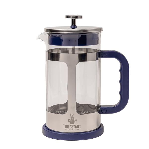 French press coffee maker with blue handle and base on a white background