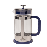 French press coffee maker with blue handle and base on a white background