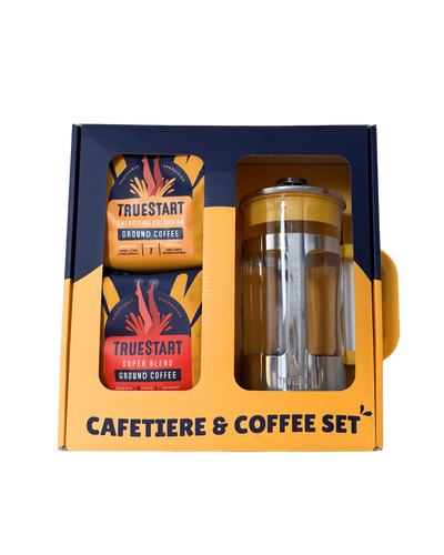 Cafetiere and coffee set with Truestart coffee in a packaging box on a white background