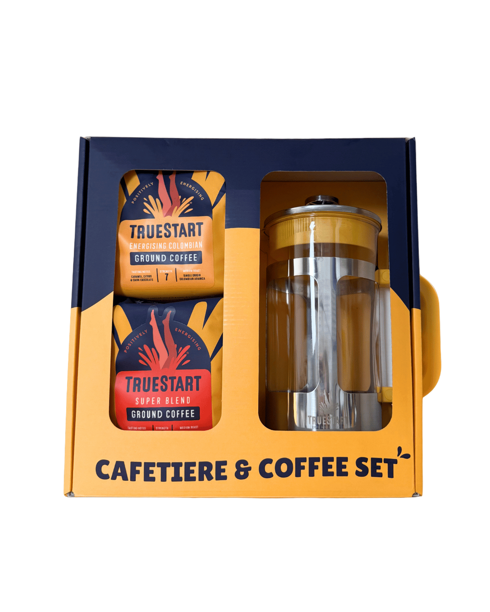 Cafetiere and coffee set with Truestart coffee in a packaging box on a white background