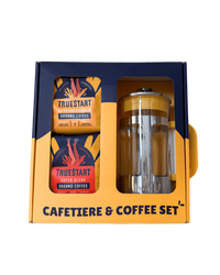 Cafetiere and coffee set with Truestart coffee in a packaging box on a white background