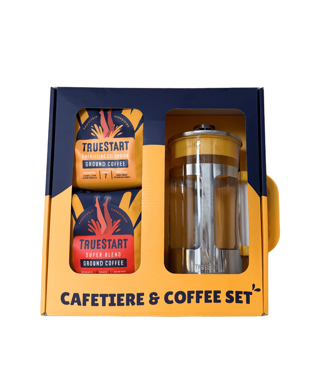 Cafetiere and coffee set with Truestart coffee in a packaging box on a white background