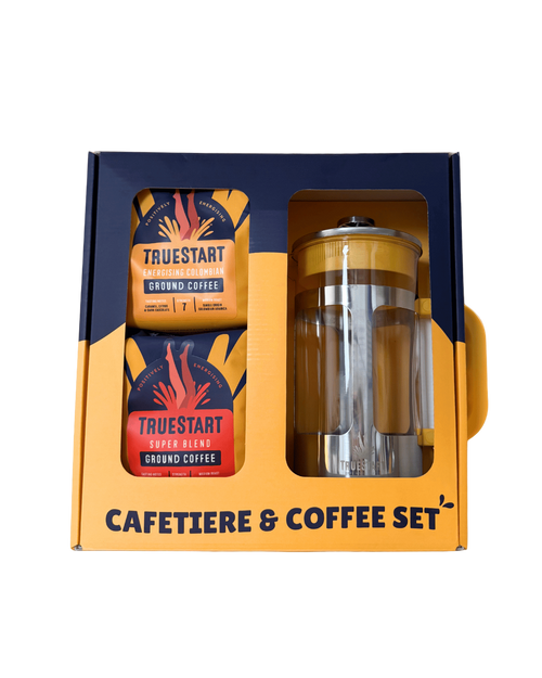 Cafetiere and coffee set with Truestart coffee in a packaging box on a white background
