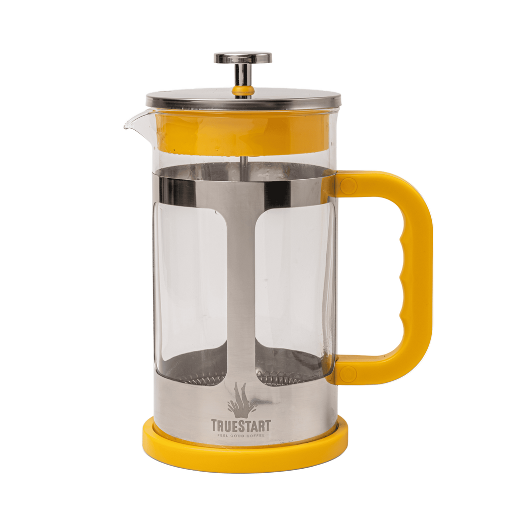 French press coffee maker with yellow accents on a white background