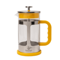 French press coffee maker with yellow accents on a white background