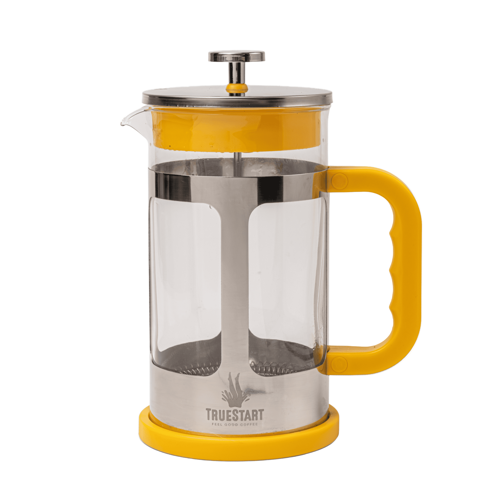 French press coffee maker with yellow accents on a white background