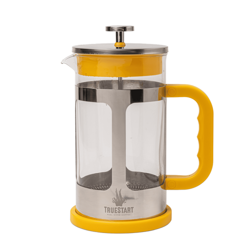 French press coffee maker with yellow accents on a white background
